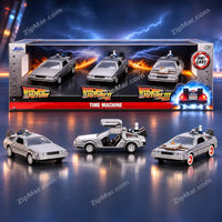 Thumbnail for Jada Back to the Future Time Machine 3 pack box with the three diecast DeLorean cars shown in front of it