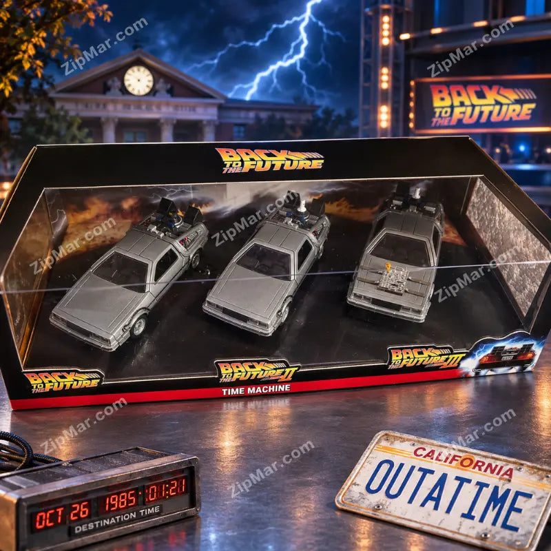 Jada Back to the Future Time Machine 3 pack display box at an angle with three DeLorean diecast cars inside