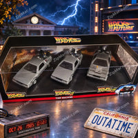 Thumbnail for Jada Back to the Future Time Machine 3 pack display box at an angle with three DeLorean diecast cars inside