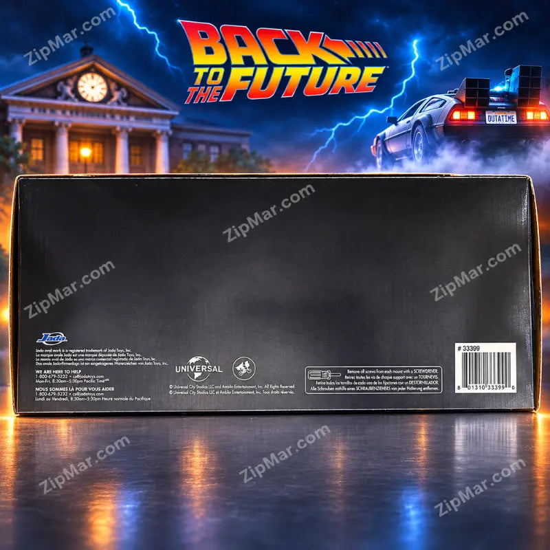 Jada Back to the Future Time Machine 3 pack black box back with Universal logo, item 33399 and barcode
