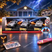 Thumbnail for Jada Toys Back to the Future Time Machine 3 pack box front with three diecast DeLorean cars and ages 8 plus badge