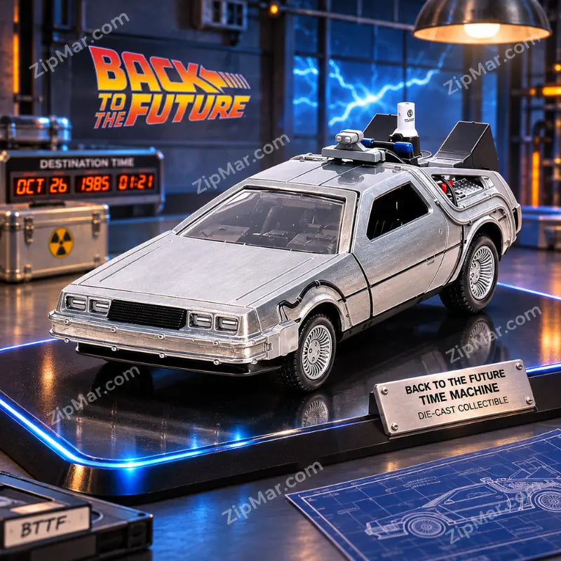 Jada Back to the Future silver DeLorean Time Machine diecast car on a display stand with Back to the Future logo behind