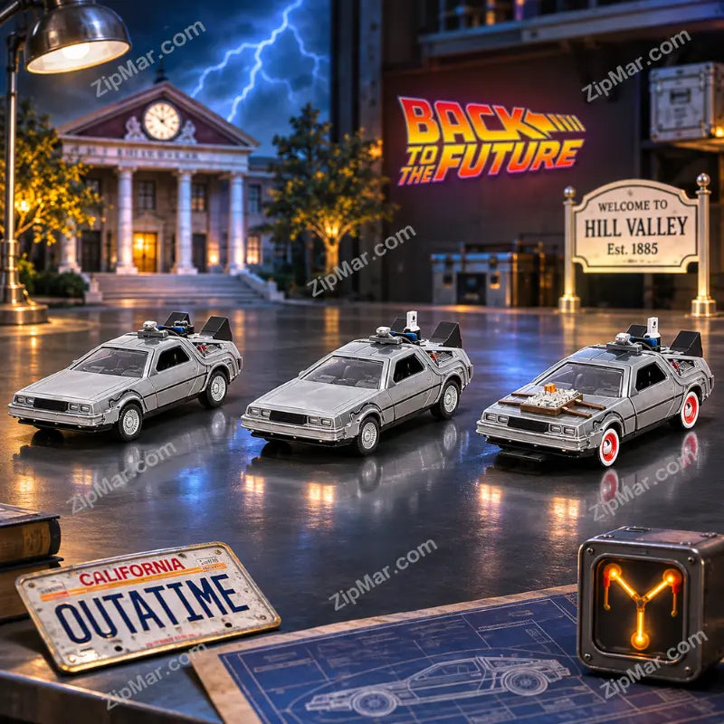 Three Jada Back to the Future DeLorean Time Machine diecast cars lined up side by side