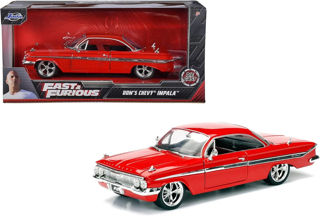 Jada Toys Fast & Furious F8 Dom's 1961 Chevy Impala 1:24 die-cast model shown next to its branded window box packaging.