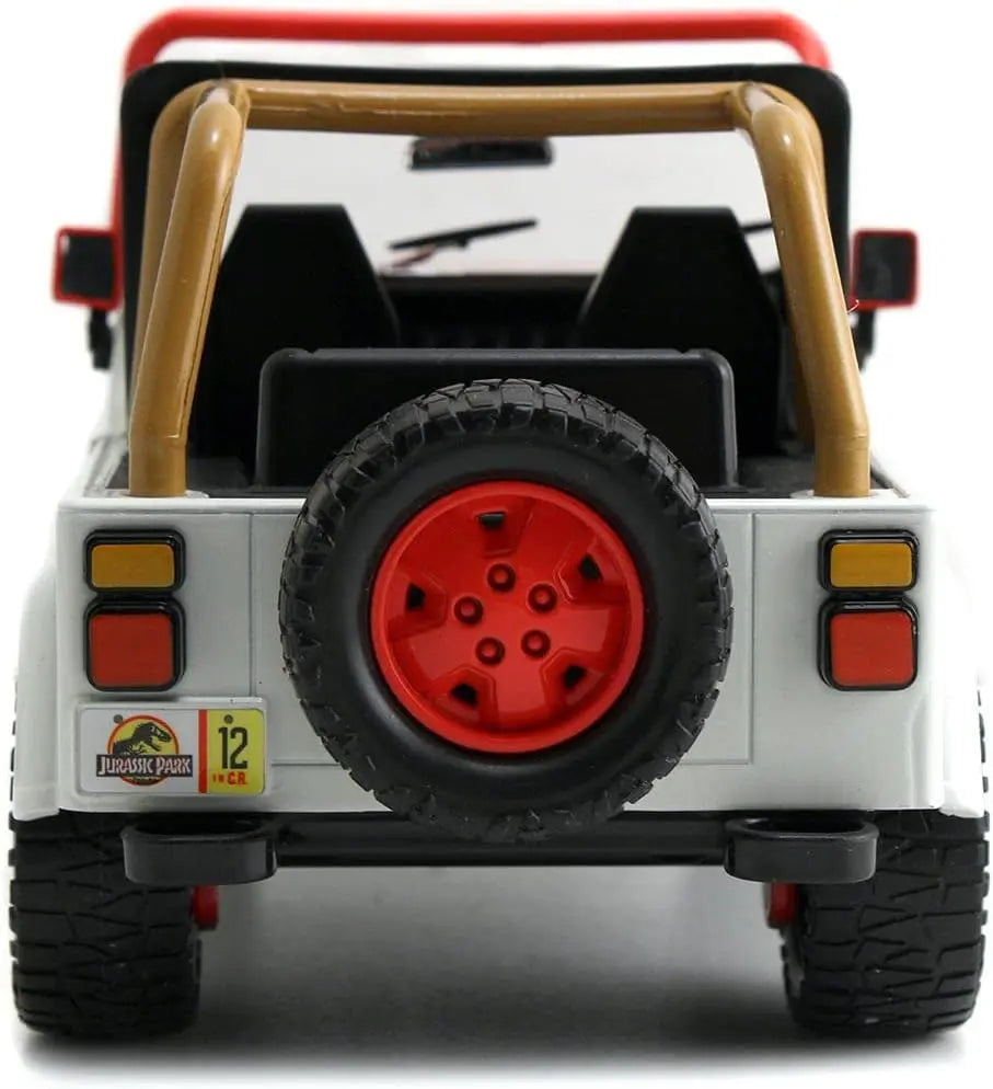 Rear view of the Jurassic Park Jeep Wrangler JP12 diecast vehicle showing the spare tire and red license plate holder.