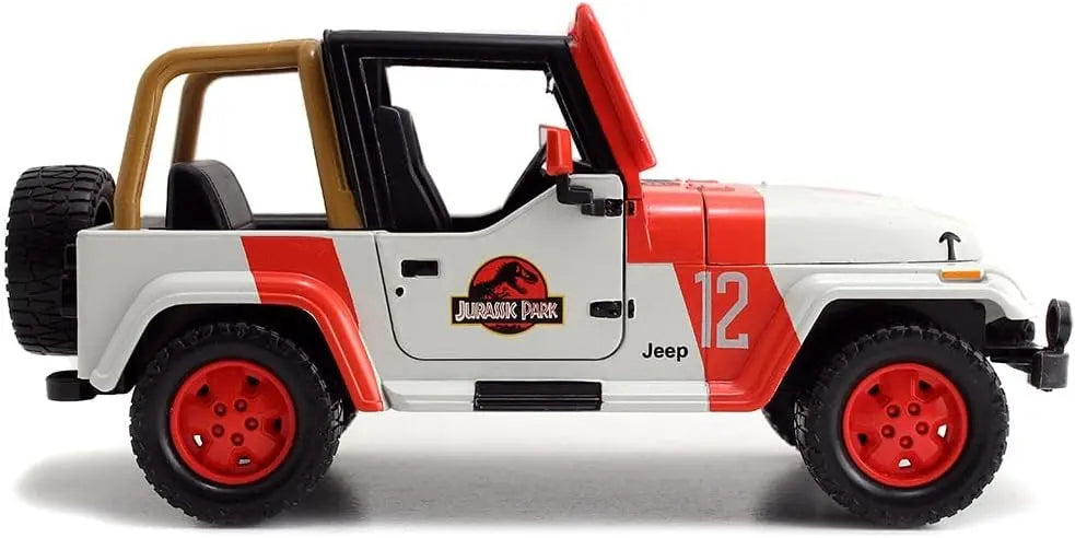 Right side profile view of the white and red Jurassic Park Jeep Wrangler JP12 diecast car with detailed door logos and red wheels.