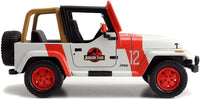 Thumbnail for Right side profile view of the white and red Jurassic Park Jeep Wrangler JP12 diecast car with detailed door logos and red wheels.
