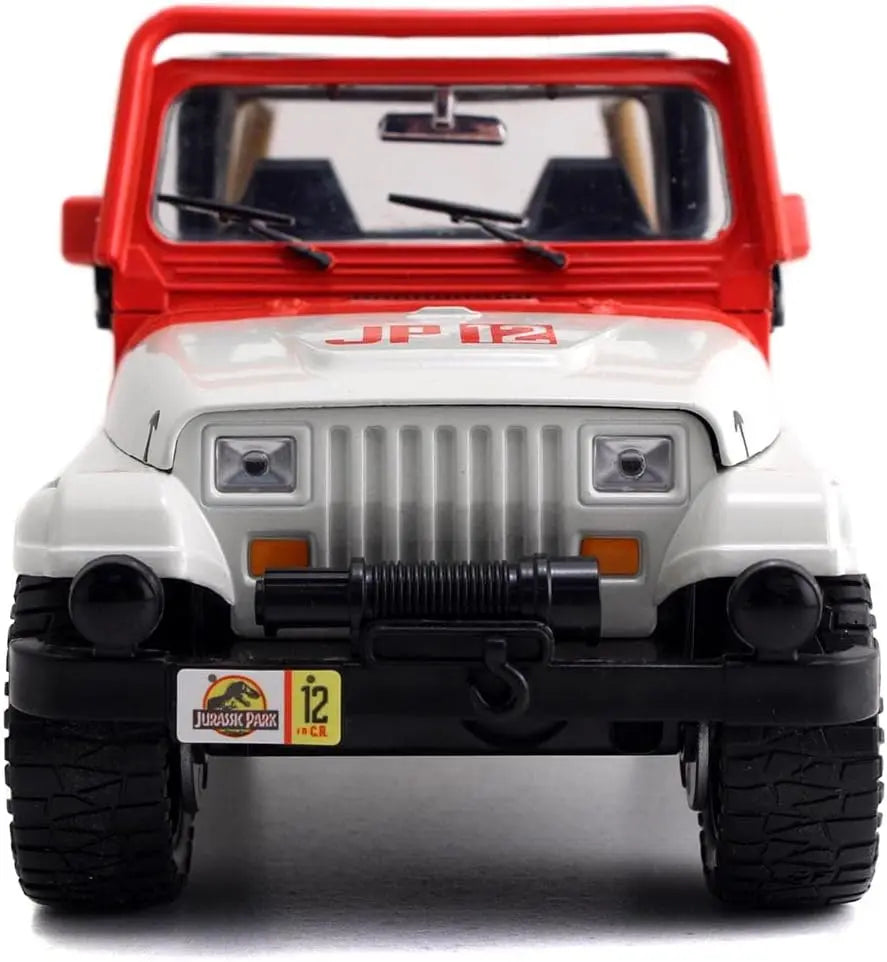 Direct front view of the 1:24 scale Jada Toys Jeep Wrangler JP12 showing the grille, headlights, and front-mounted winch.