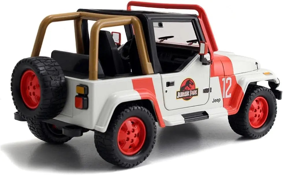 Rear three-quarter perspective of the 1:24 scale Jada Toys Jeep Wrangler JP12 showing the roll cage and detailed interior seating.