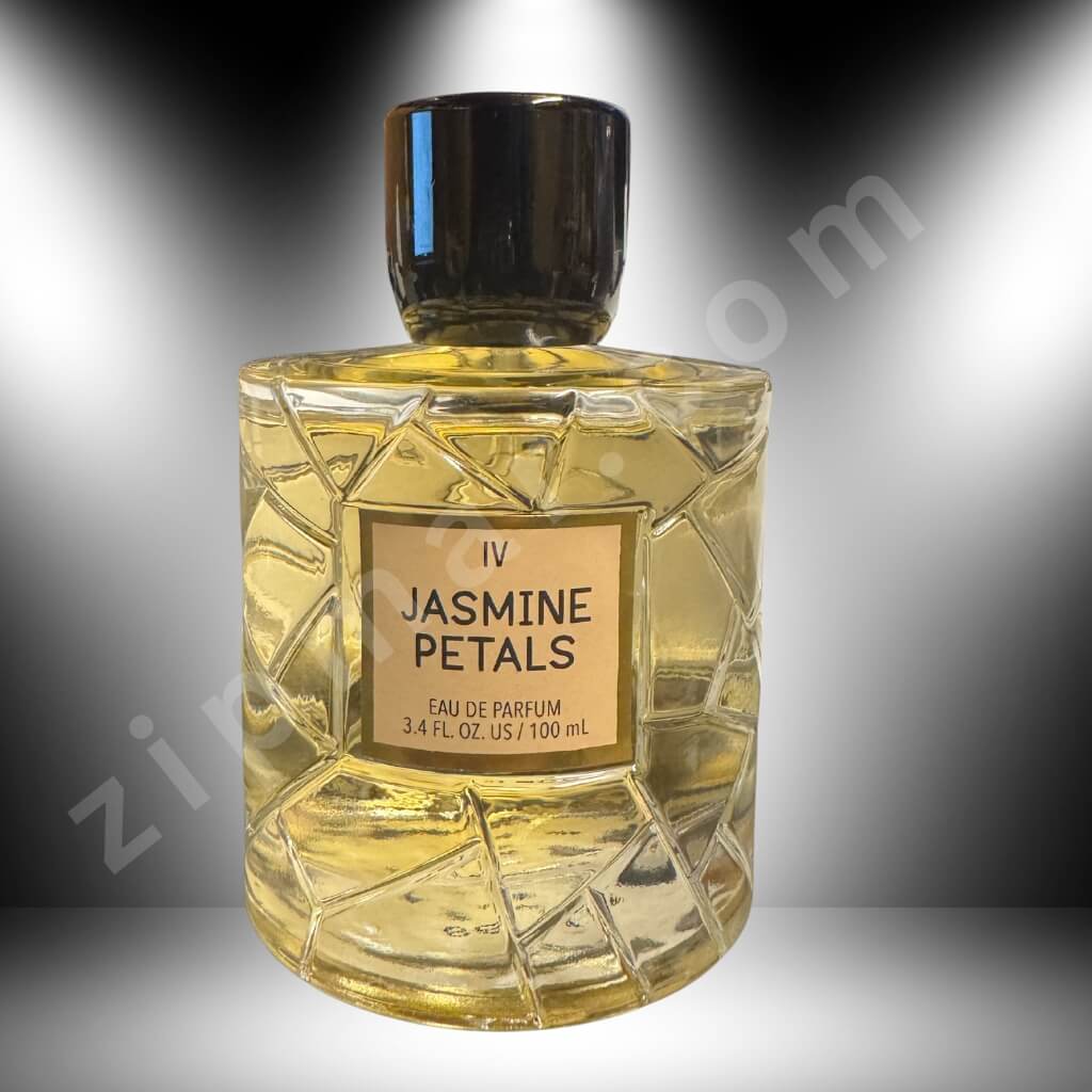 Perfume bottle labeled 'Jasmine Petals' on a gradient background