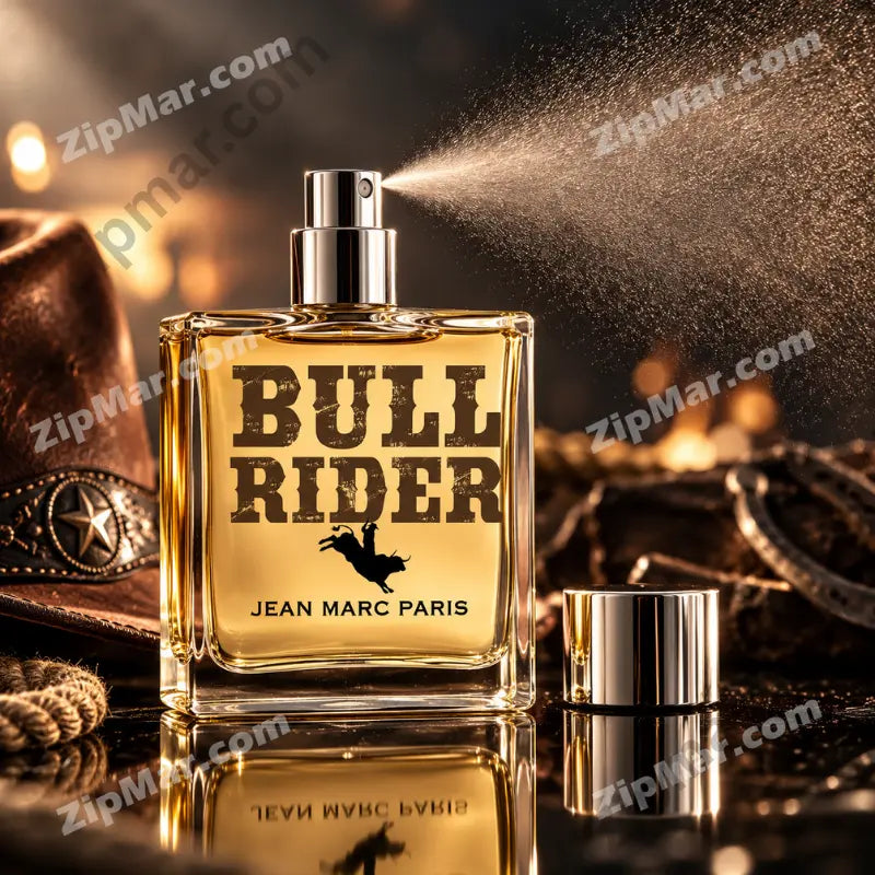 Jean Marc Paris Bull Rider cologne clear glass bottle with amber golden liquid and distressed western Bull Rider label and bull rider silhouette logo in active mid-spray with silver chrome pump and metallic cap removed — brown leather cowboy hat with silver star concho rope lasso and horseshoes on dark reflective surface with warm golden bokeh candlelight background