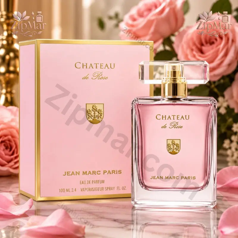 Jean Marc Paris Chateau de Rose Eau de Parfum 3.4 fl oz glass bottle next to pink and gold box