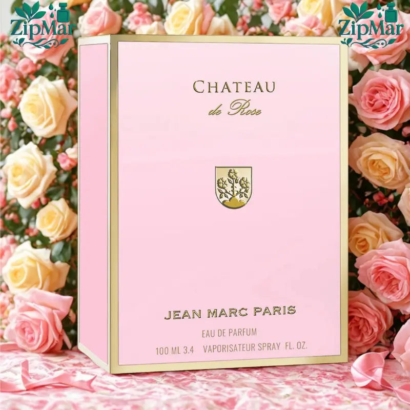 Front view of Jean Marc Paris Chateau de Rose EDP 100 ml pink box packaging