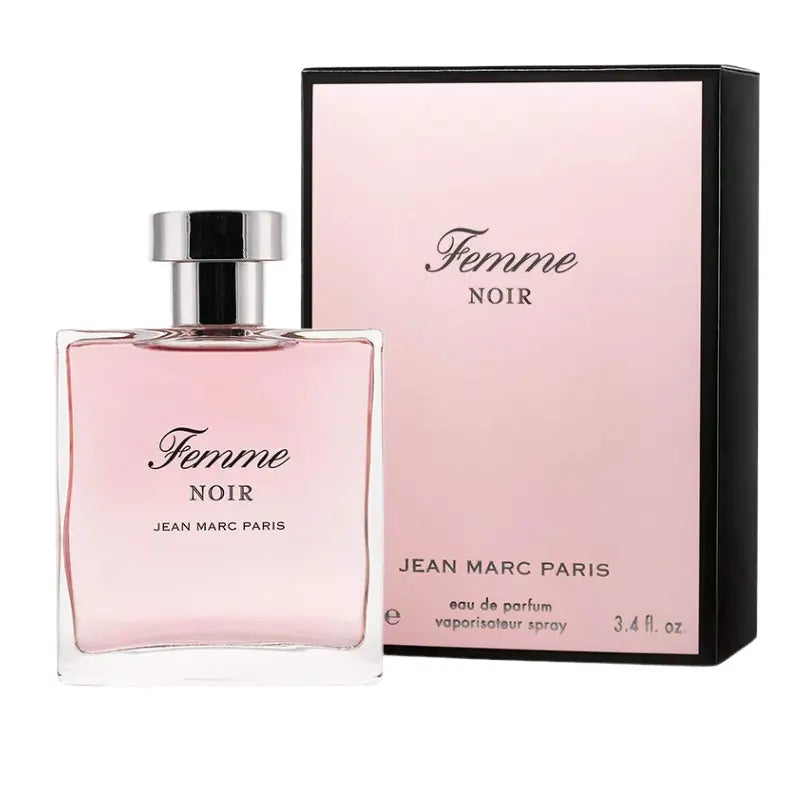 Complete Jean Marc Paris Femme Noir product set, showing the 100ml perfume bottle next to its presentation box, ready for gifting.
