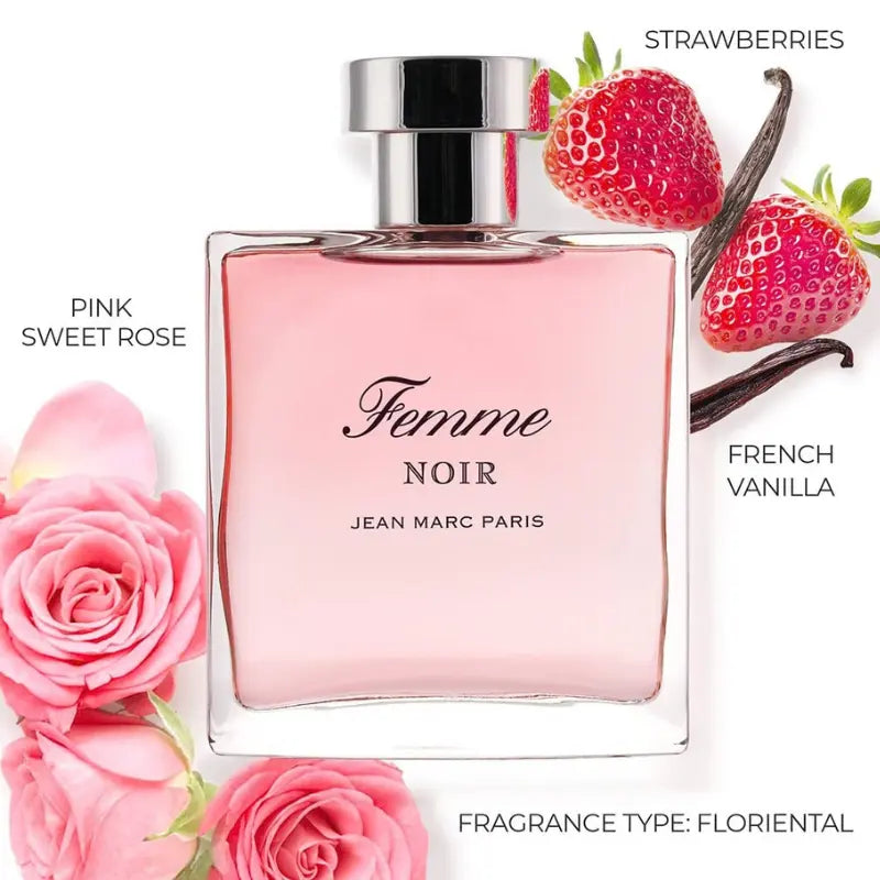 Fragrance note breakdown visualization for Femme Noir by Jean Marc Paris, featuring images of pink sweet roses, fresh strawberries, and French vanilla.