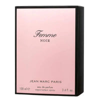 Thumbnail for Exterior view of the stylish pink and black packaging box for Jean Marc Paris Femme Noir 3.4 oz Eau de Parfum.