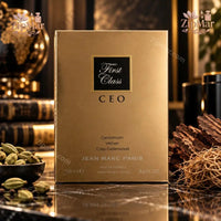Thumbnail for Back view of Jean Marc Paris First Class CEO Eau De Toilette box listing key fragrance notes