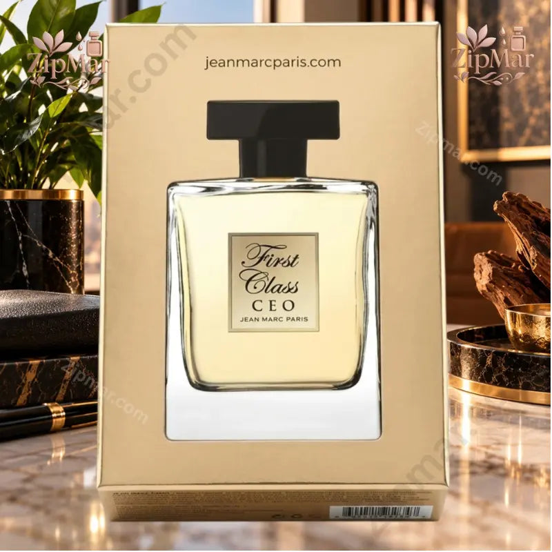 Front presentation view of Jean Marc Paris First Class CEO Eau De Toilette in gold outer box