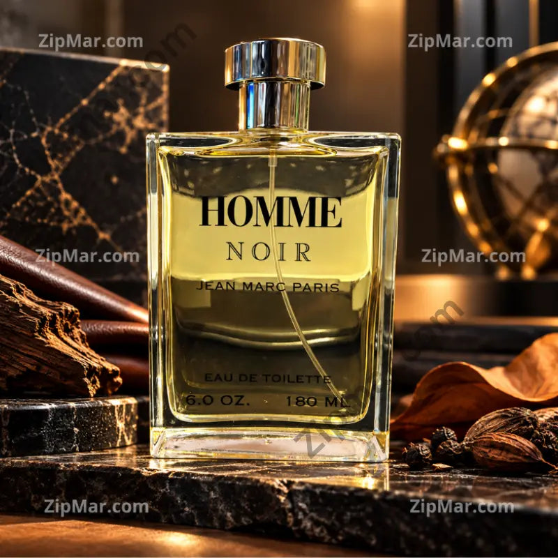 Jean Marc Paris Homme Noir eau de toilette 6.0 oz 180 ml bottle front view with silver cap on black marble