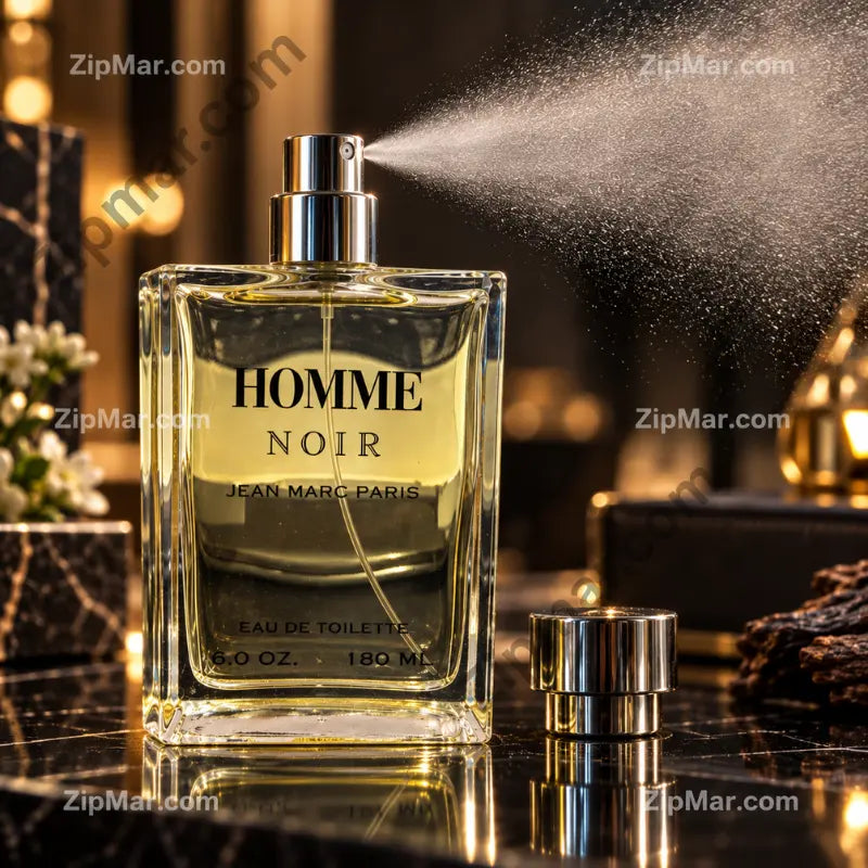 Jean Marc Paris Homme Noir eau de toilette 180 ml bottle spraying with cap removed”