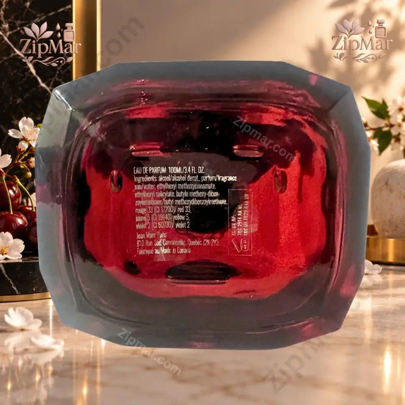 Bottom base view of Jean Marc Paris Cherry Crush Eau De Parfum showing ingredients and Made in Canada label