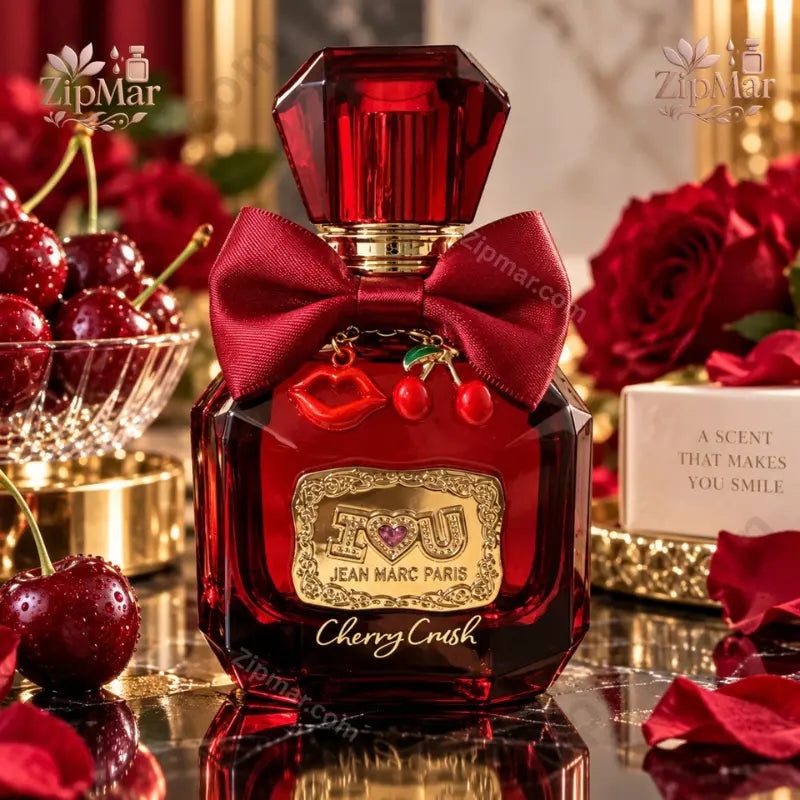 Jean Marc Paris I Heart U Cherry Crush Eau De Parfum 3.4 oz red glass bottle with ribbon bow and cherry charms
