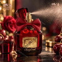 Thumbnail for Jean Marc Paris I Love U Cherry Crush red faceted perfume bottle with gold label, burgundy bow and lips and cherry charms, spraying a fine mist