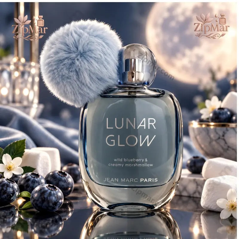 Jean Marc Paris Lunar Glow Eau de Parfum 100 mL blue tinted glass bottle with large blue pom-pom cap front view with moonlight backdrop
