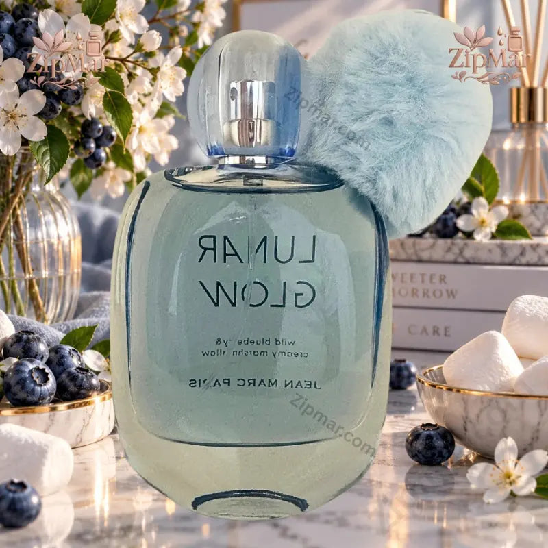 Jean Marc Paris Lunar Glow Eau de Parfum 3.4 oz blue tinted bottle with pom-pom cap angled reverse view with blueberries