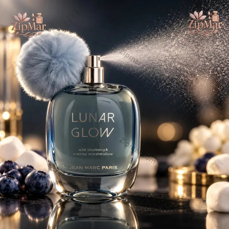 Jean Marc Paris Lunar Glow Eau de Parfum 3.4 oz spraying with fluffy blue pom-pom and blueberry marshmallow styling