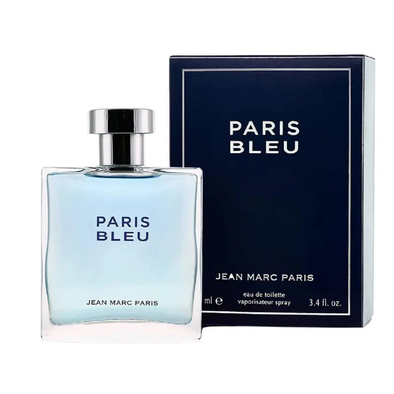Product set showing the 3.4 oz Paris Bleu fragrance bottle standing next to its original blue packaging.