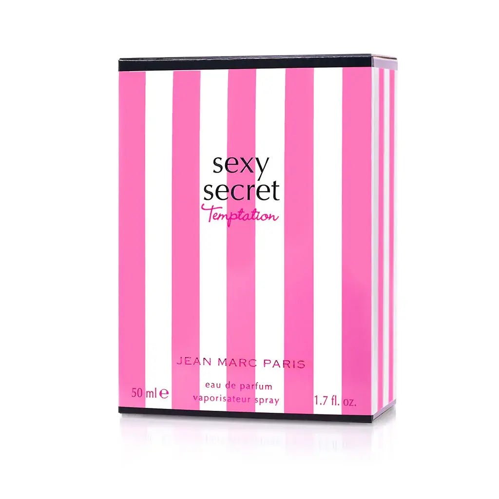 Front view of the Jean Marc Paris Sexy Secret Temptation Eau de Parfum 3.4 oz glass bottle with pink liquid and top against a white background.