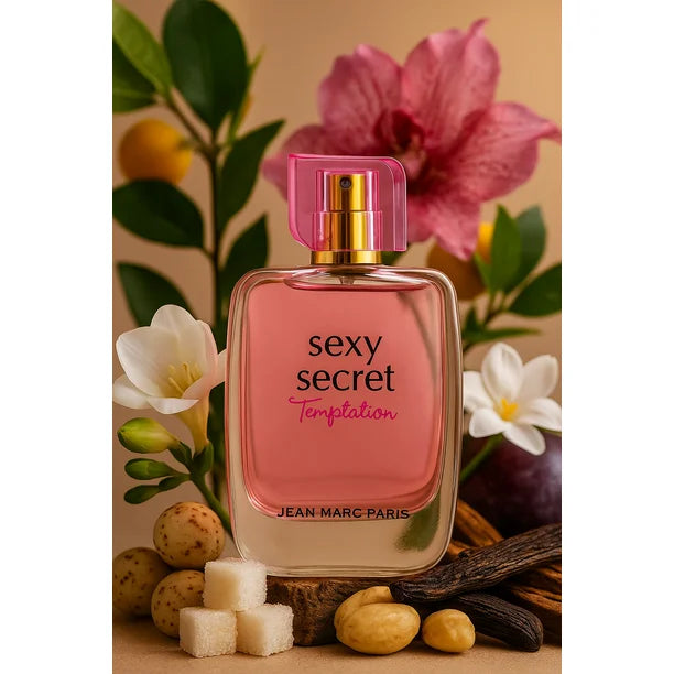 The Jean Marc Paris Sexy Secret Temptation Eau de Parfum 3.4 oz women's perfume bottle shown next to its pink and white striped box.