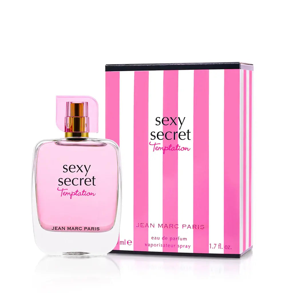 Jean Marc Paris Sexy Secret Temptation Eau de Parfum 3.4 oz women's perfume bottle surrounded by vanilla, sugar cubes, and flowers.