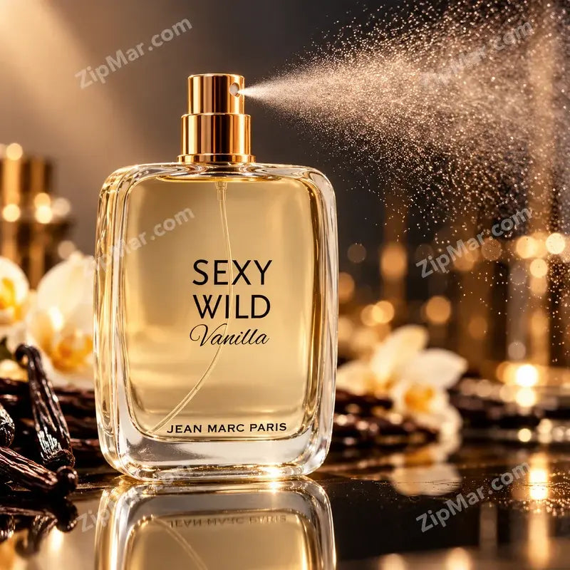 Jean Marc Paris Sexy Wild Vanilla Eau de Parfum bottle spraying mist with gold atomizer nozzle and vanilla beans in background