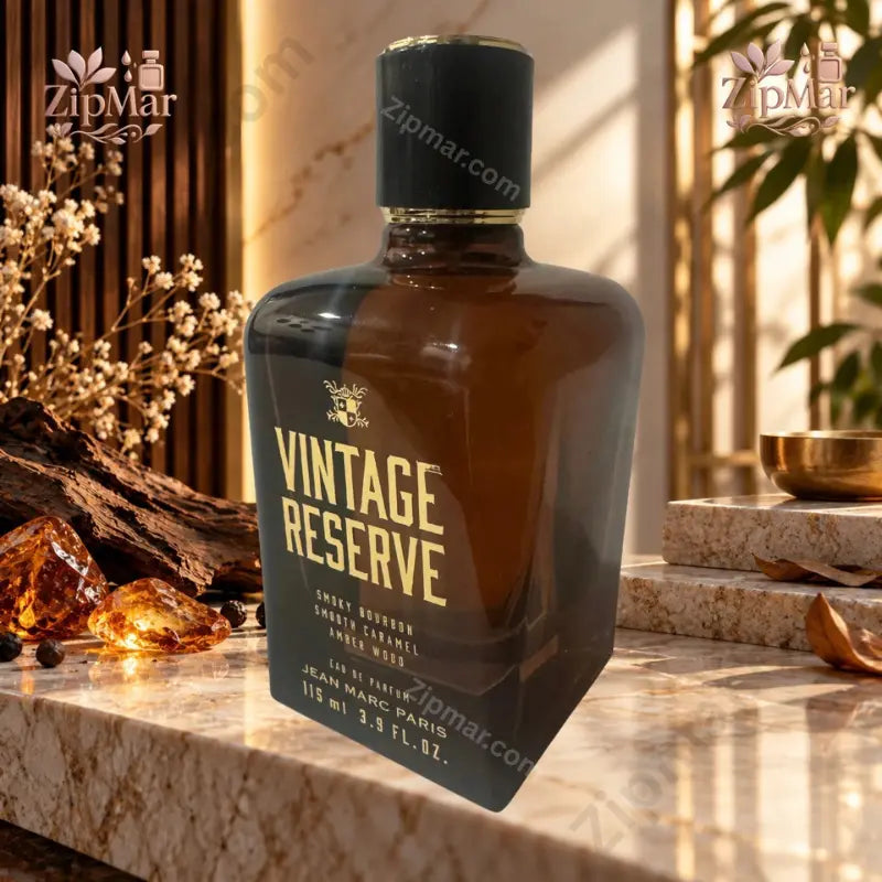 Side angle view of Jean Marc Paris Vintage Reserve Eau De Parfum bottle on marble surface