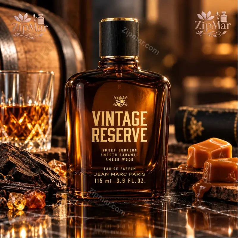Jean Marc Paris Vintage Reserve Eau De Parfum 3.9 fl oz amber glass bottle with caramel and wood display