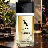 Thumbnail for Jean Marc Paris X Man Elixir cologne bottle front view with black cap and silver band”
