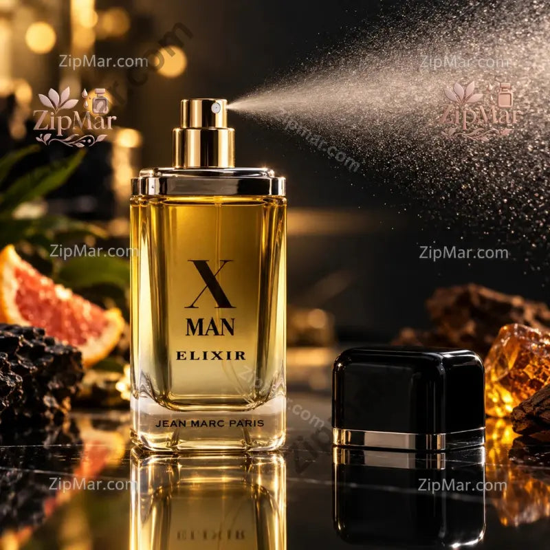 Jean Marc Paris X Man Elixir cologne bottle spraying with black cap removed”