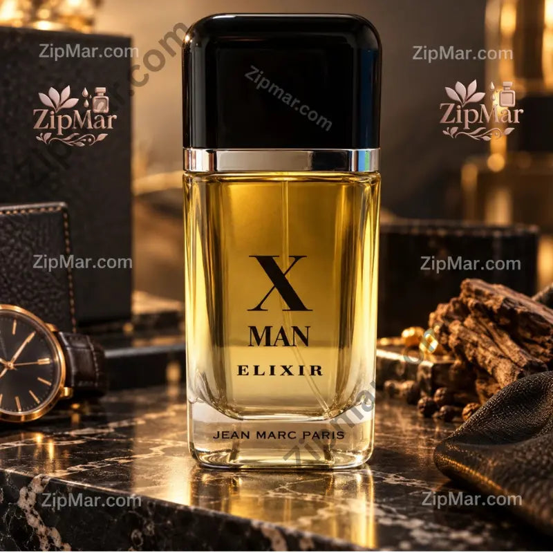 Jean Marc Paris X Man Elixir cologne bottle on black marble with watch”