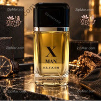 Thumbnail for Jean Marc Paris X Man Elixir cologne bottle on black marble with watch”