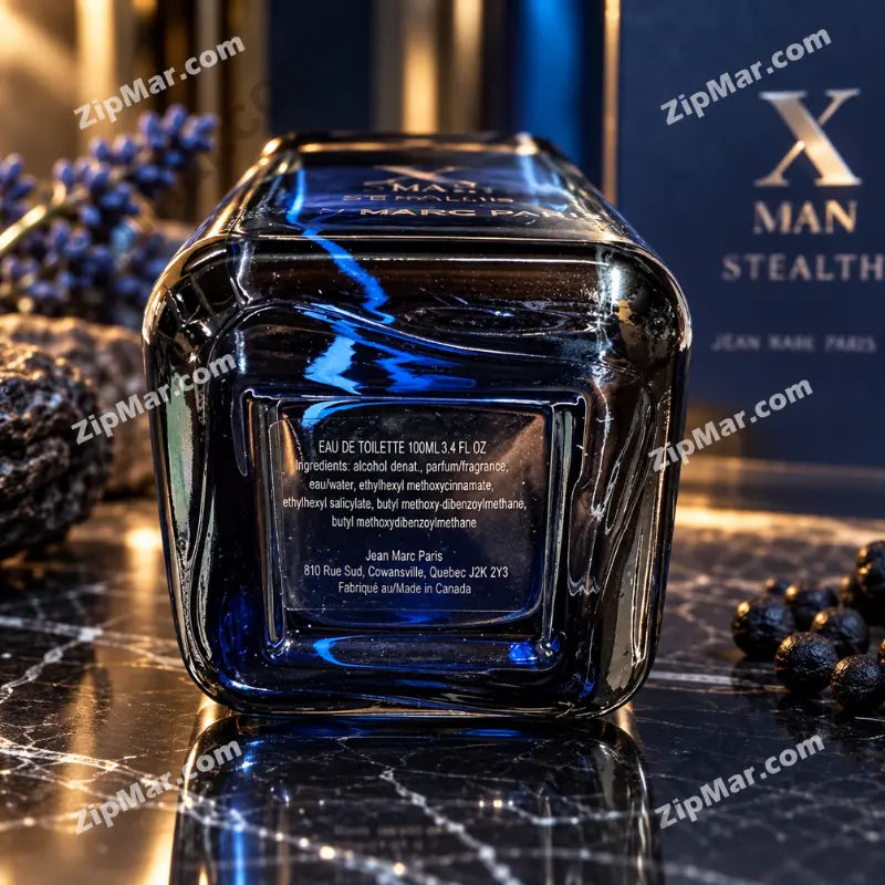 Jean Marc Paris X Man Stealth Eau de Toilette 100ml 3.4 fl oz back label showing full ingredients list manufacturer address Cowansville Quebec Canada on dark marble surface with front box and lavender props in background