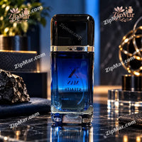 Thumbnail for Jean Marc Paris X Man Stealth Eau de Toilette midnight blue gradient glass bottle with black cap and gold collar on dark marble label visible in reverse through glass luxury dark editorial with black obsidian volcanic rock and gold geometric sphere ornaments