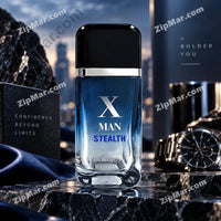 Thumbnail for Jean Marc Paris X Man Stealth EDT tall midnight blue gradient bottle with black cap and silver collar on dark stone surface with luxury silver chronograph watch navy silk and Confidence Beyond Limits leather book city skyline at dusk in background