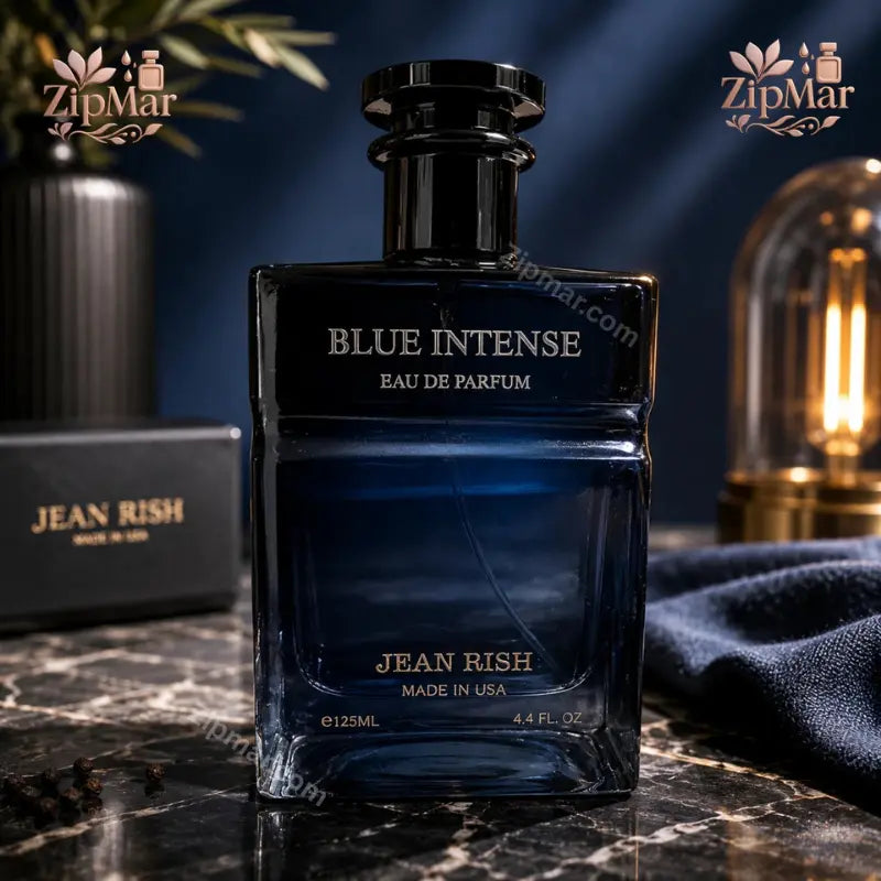 Front view of Jean Rish Blue Intense Eau de Parfum 4.2 fl oz 125 ml dark blue spray bottle