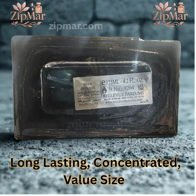 Bottom label of Jean Rish Blue Intense EDP showing Bellevue Parfums New York NY 10118 and Batch No 9204