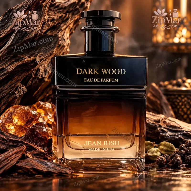Jean Rish Dark Wood Eau de Parfum 4.2 oz bottle with dark wood resin and spice background