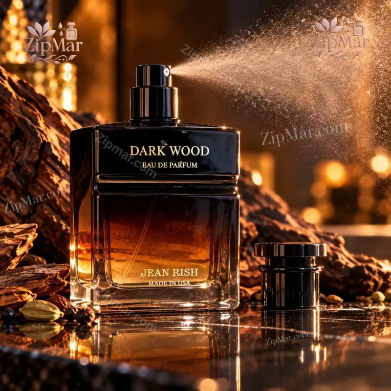Jean Rish Dark Wood Eau de Parfum 125mL being sprayed with oud wood and amber backdrop
