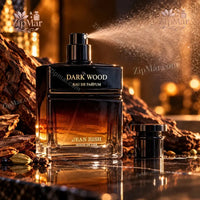 Thumbnail for Jean Rish Dark Wood Eau de Parfum 125mL being sprayed with oud wood and amber backdrop