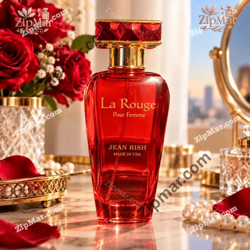 Front of Jean Rish La Rouge Pour Femme eau de parfum red bottle with gold lettering and faceted red cap
